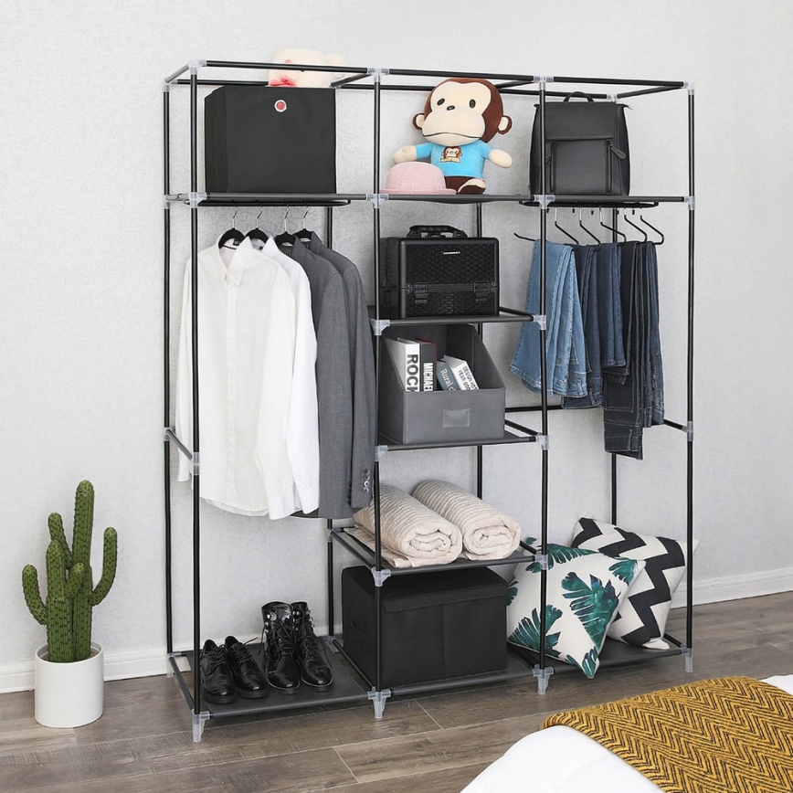 Guarda-roupa de tecido para arrumação com prateleiras e varão MATIS 150x175 cm preto