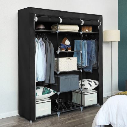 Guarda-roupa de tecido para arrumação com prateleiras e varão MATIS 150x175 cm preto