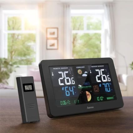 Hama - Estação meteorológica com visor LCD a cores e relógio despertador + USB preto