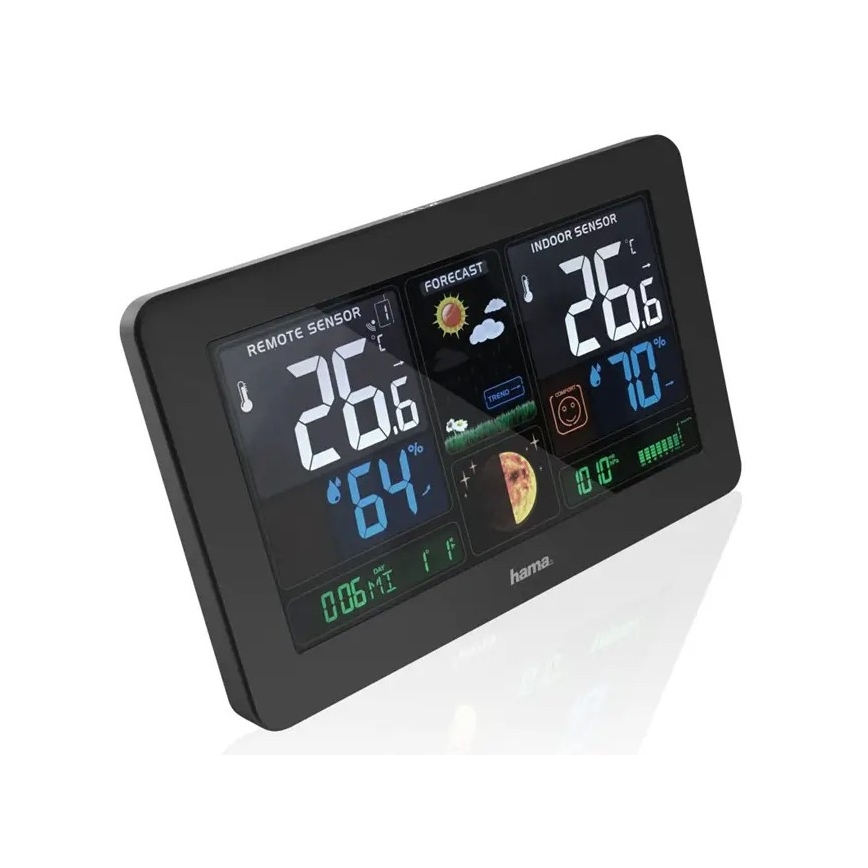 Hama - Estação meteorológica com visor LCD a cores e relógio despertador + USB preto