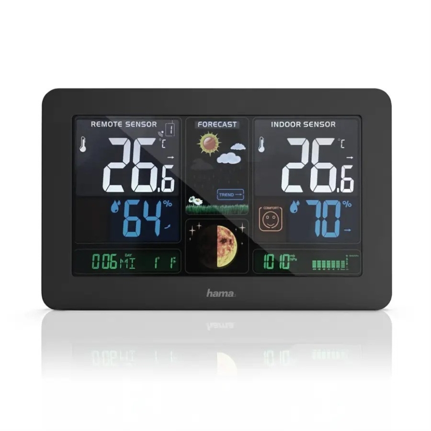 Hama - Estação meteorológica com visor LCD a cores e relógio despertador + USB preto