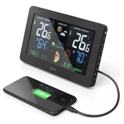 Hama - Estação meteorológica com visor LCD a cores e relógio despertador + USB preto