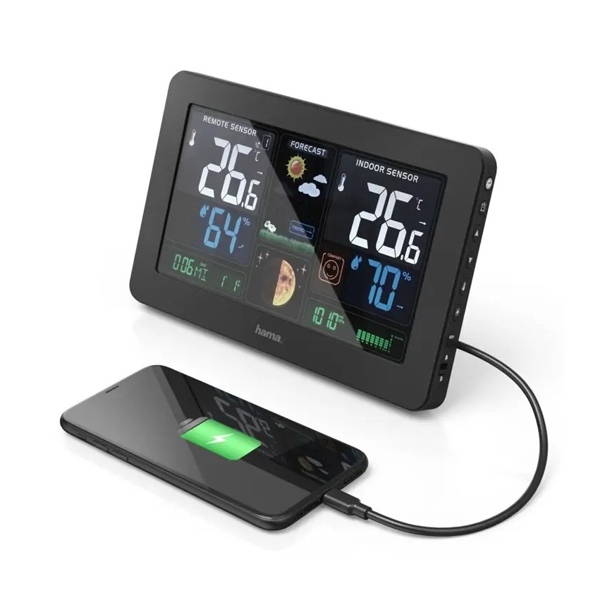 Hama - Estação meteorológica com visor LCD a cores e relógio despertador + USB preto
