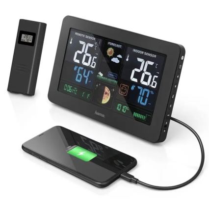 Hama - Estação meteorológica com visor LCD a cores e relógio despertador + USB preto