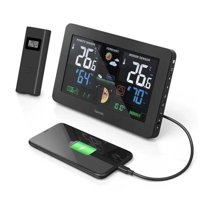 Hama - Estação meteorológica com visor LCD a cores e relógio despertador + USB preto