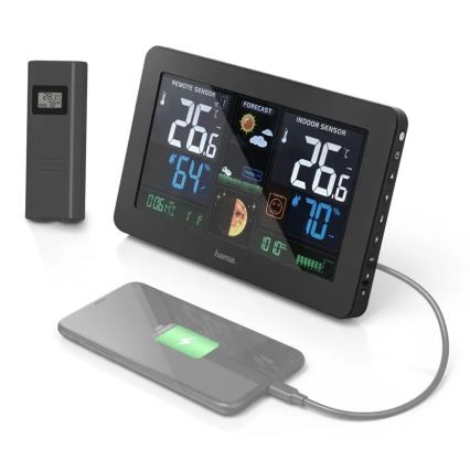 Hama - Estação meteorológica com visor LCD a cores e relógio despertador + USB preto