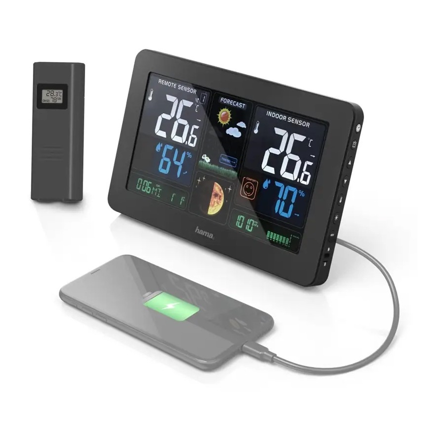 Hama - Estação meteorológica com visor LCD a cores e relógio despertador + USB preto