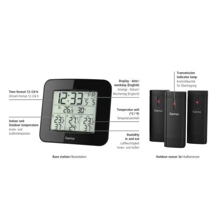 Hama - Estação meteorológica com visor LCD e despertador 3xAAA + 3x sensor 2xAA