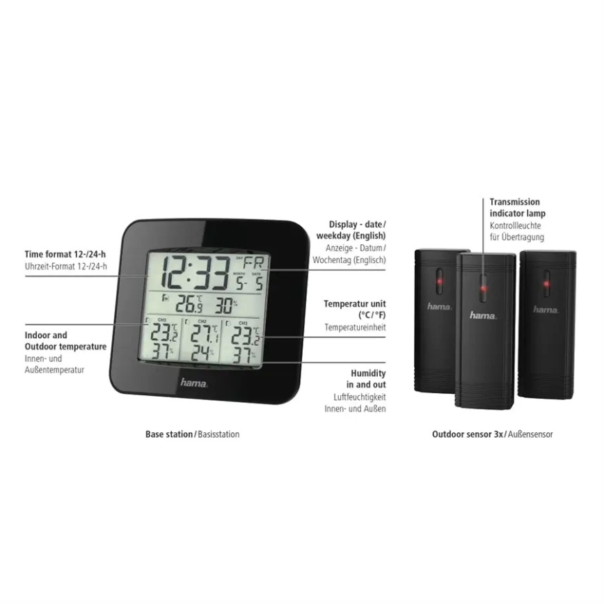 Hama - Estação meteorológica com visor LCD e despertador 3xAAA + 3x sensor 2xAA