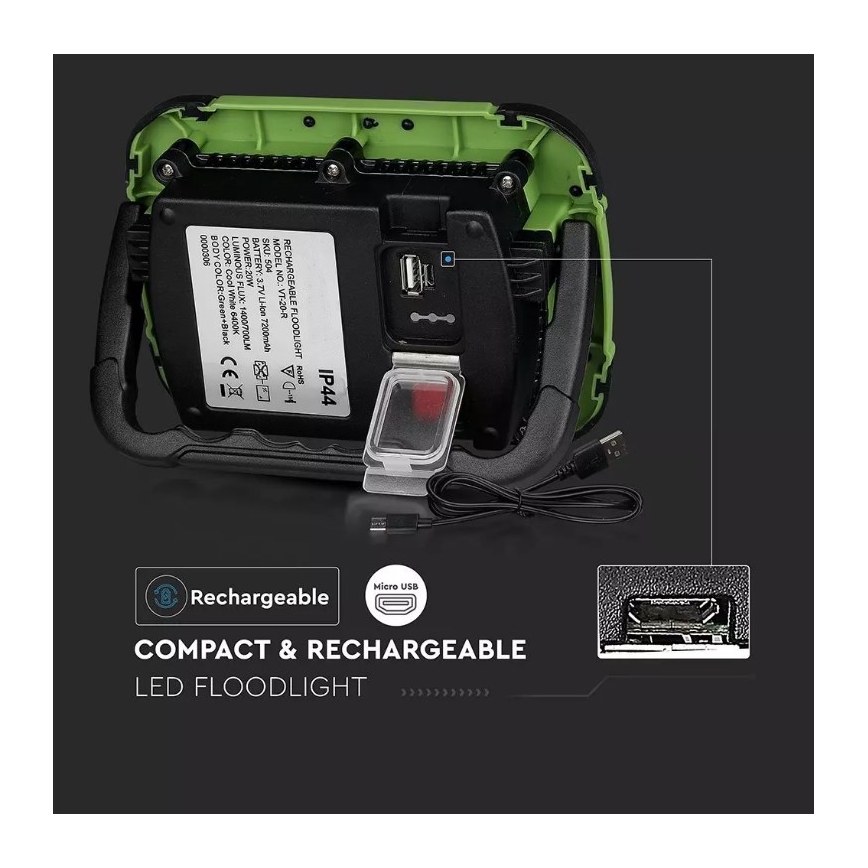 Holofote LED com regulação SAMSUNG CHIP + função SOS LED/20W/3,7V/USB IP44 4000K 7200 mAh verde