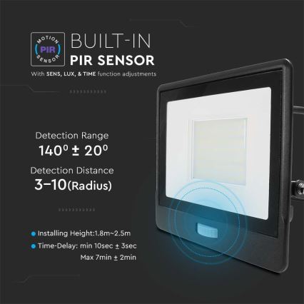 Holofote LED com sensor LED/50W/230V 6500K IP65 preto