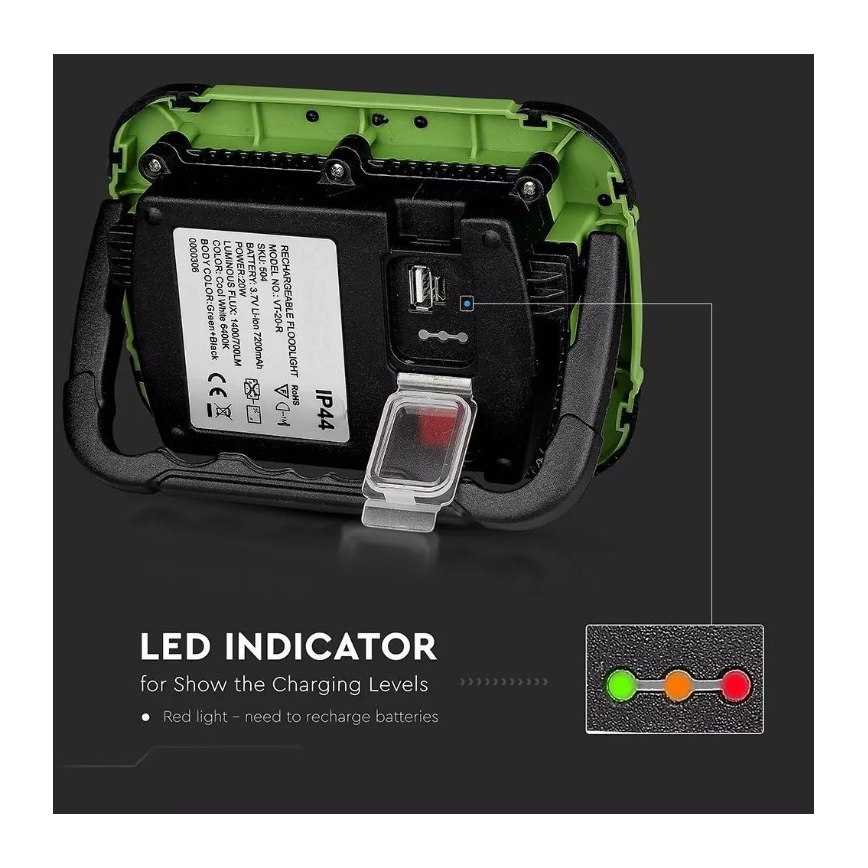 Holofote recarregável LED SAMSUNG CHIP + função SOS LED/10W/3,7V/USB IP44 4000K verde