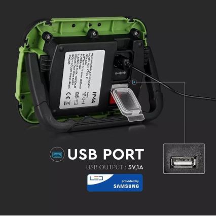 Holofote recarregável LED SAMSUNG CHIP + função SOS LED/10W/3,7V/USB IP44 4000K verde