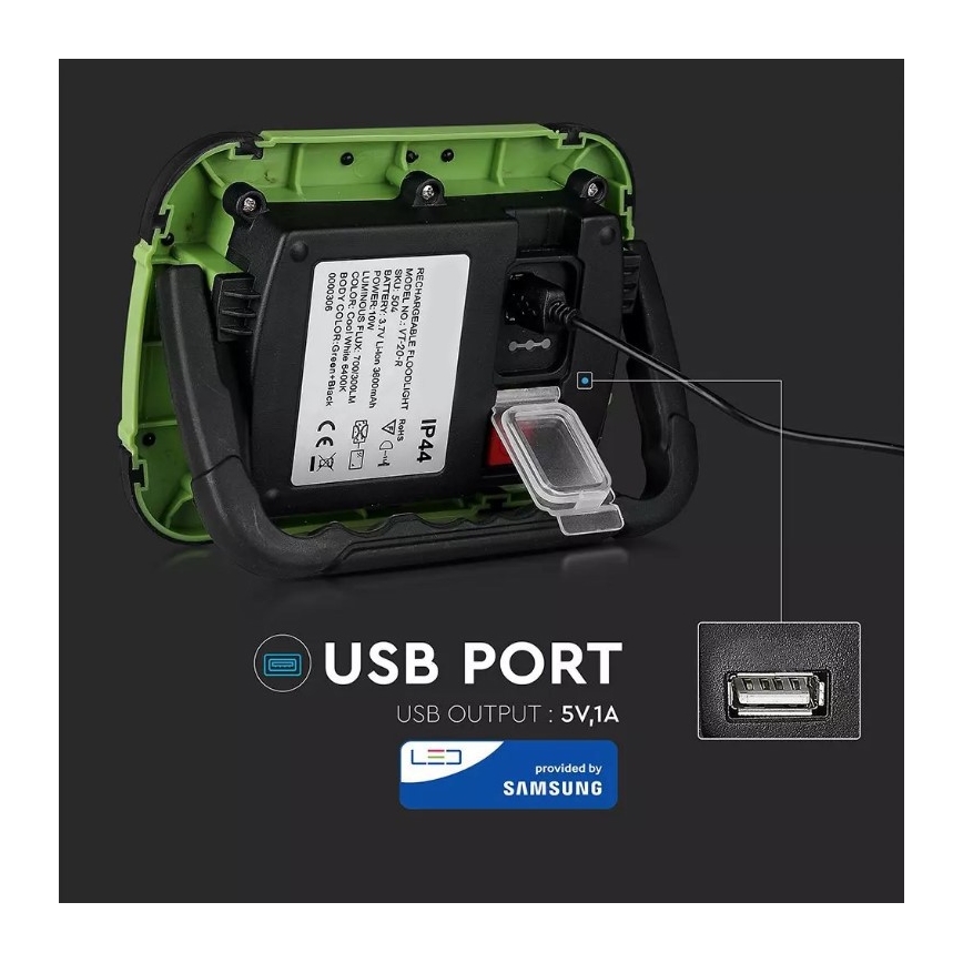 Holofote recarregável LED SAMSUNG CHIP + função SOS LED/10W/3,7V/USB IP44 4000K verde