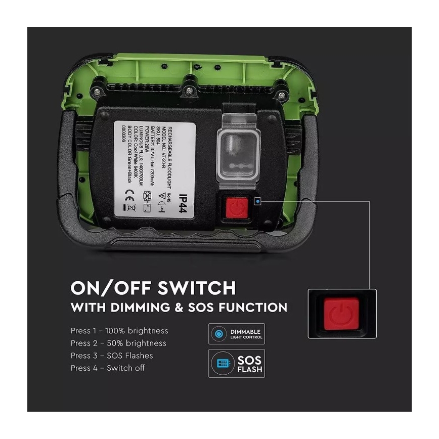 Holofote recarregável LED SAMSUNG CHIP + função SOS LED/10W/3,7V/USB IP44 4000K verde