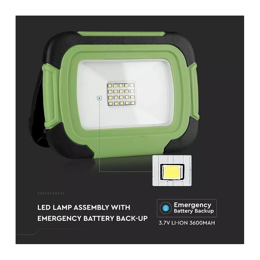 Holofote recarregável LED SAMSUNG CHIP LED/10W/3,7V IP44 6400K verde