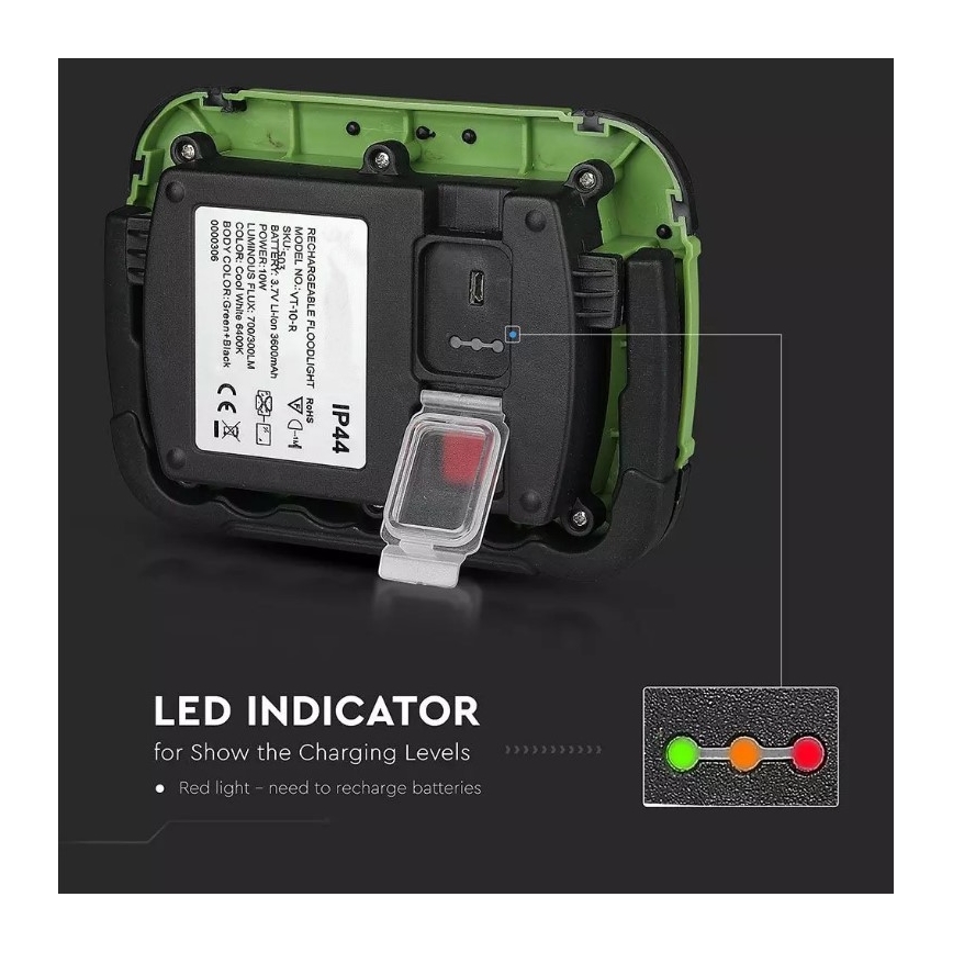 Holofote recarregável LED SAMSUNG CHIP LED/10W/3,7V IP44 6400K verde