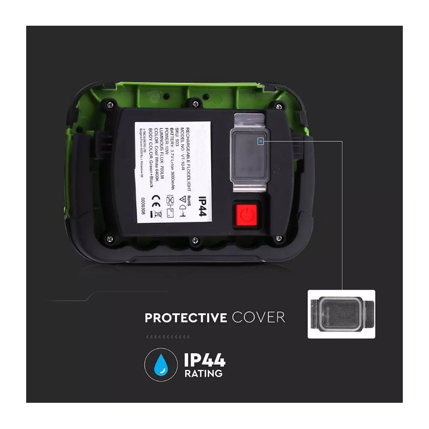 Holofote recarregável LED SAMSUNG CHIP LED/10W/3,7V IP44 6400K verde