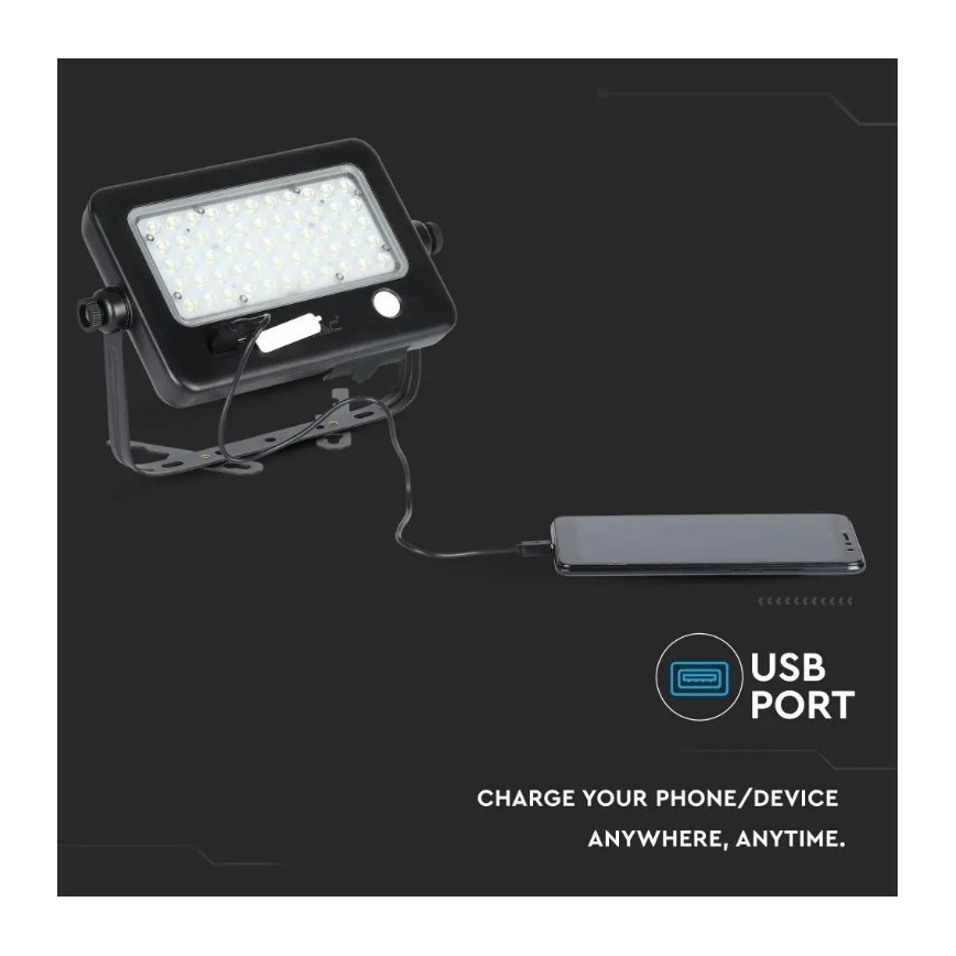 Holofote solar LED com regulação e sensor LED/10W/3,7V 4000K IP65 + porta USB