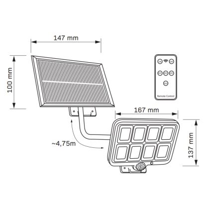 Holofote solar LED com sensor INTEGRA LED/3W/3,7V 1200 mAh IP44 + comando