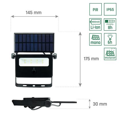 Holofote solar LED com sensor NOCTIS LED/2W/1800 mAh 3,7V 6000K IP65