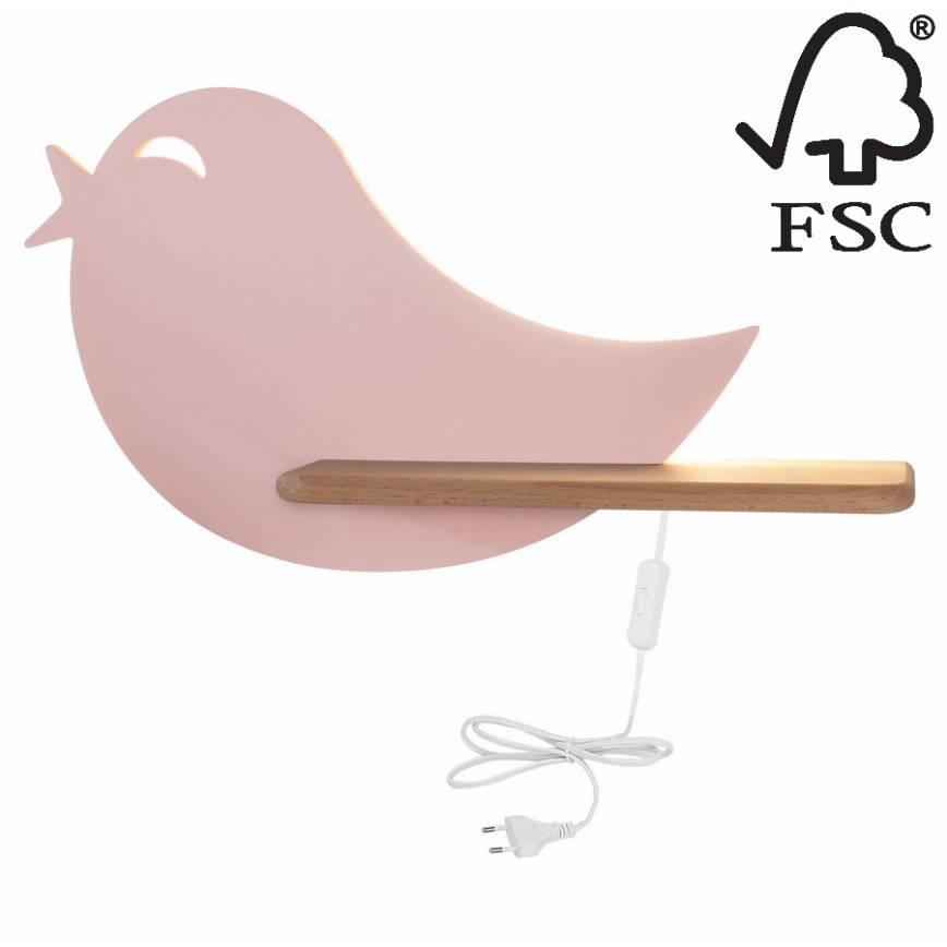 Iluminação de parede de criança LED com uma prateleira BIRD LED/5W/230V rosa/madeira