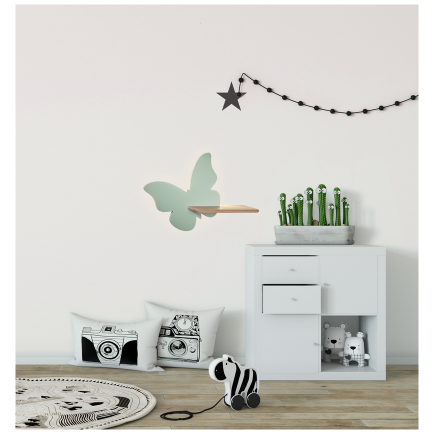 Iluminação de parede de criança LED com uma prateleira BUTTERFLY LED/5W/230V verde/madeira