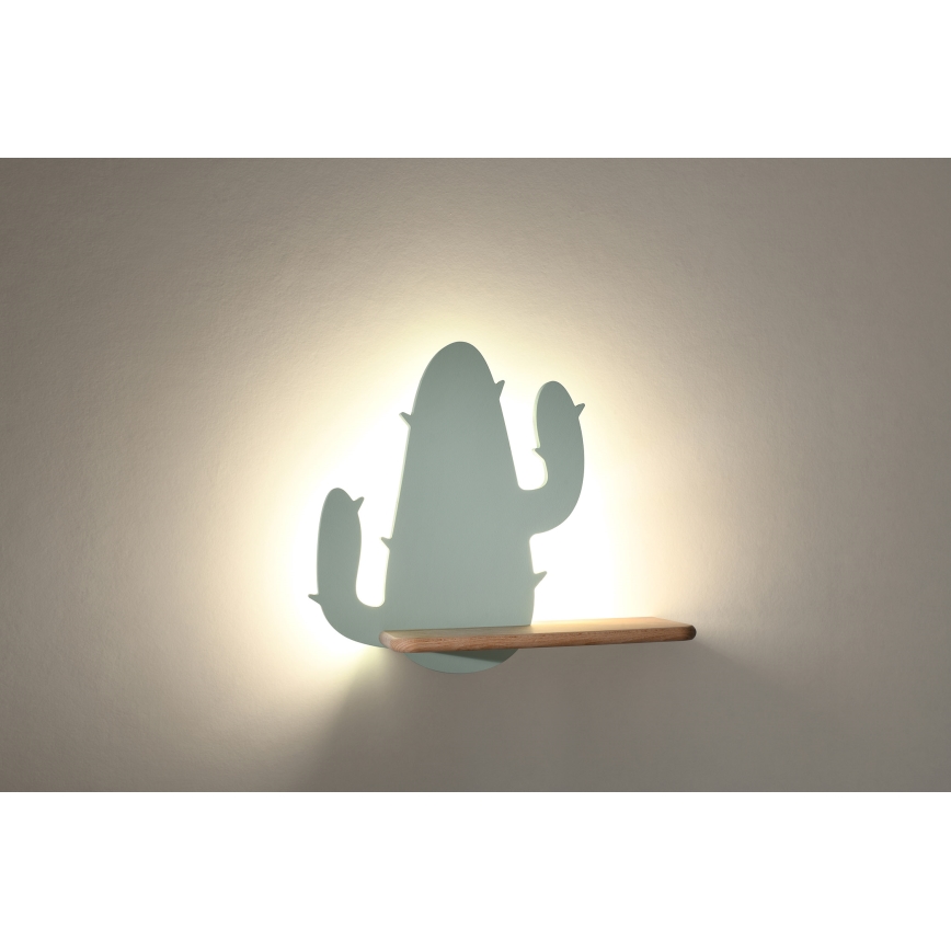 Iluminação de parede de criança LED com uma prateleira CACTUS LED/4W/230V verde/madeira