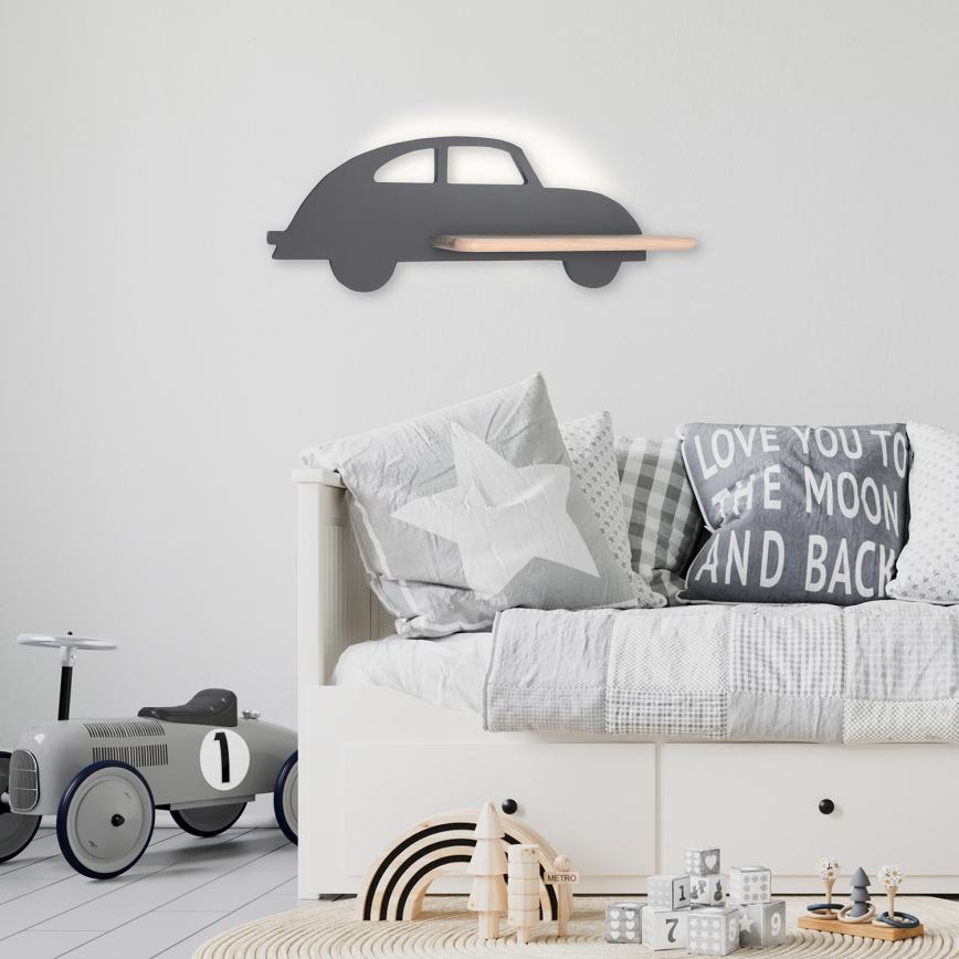 Iluminação de parede de criança LED com uma prateleira CAR LED/5W/230V cinzento/madeira