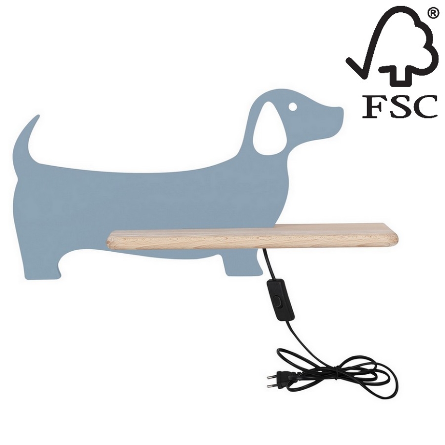 Iluminação de parede de criança LED com uma prateleira DOG LED/5W/230V azul/madeira