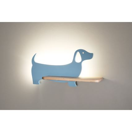 Iluminação de parede de criança LED com uma prateleira DOG LED/5W/230V azul/madeira