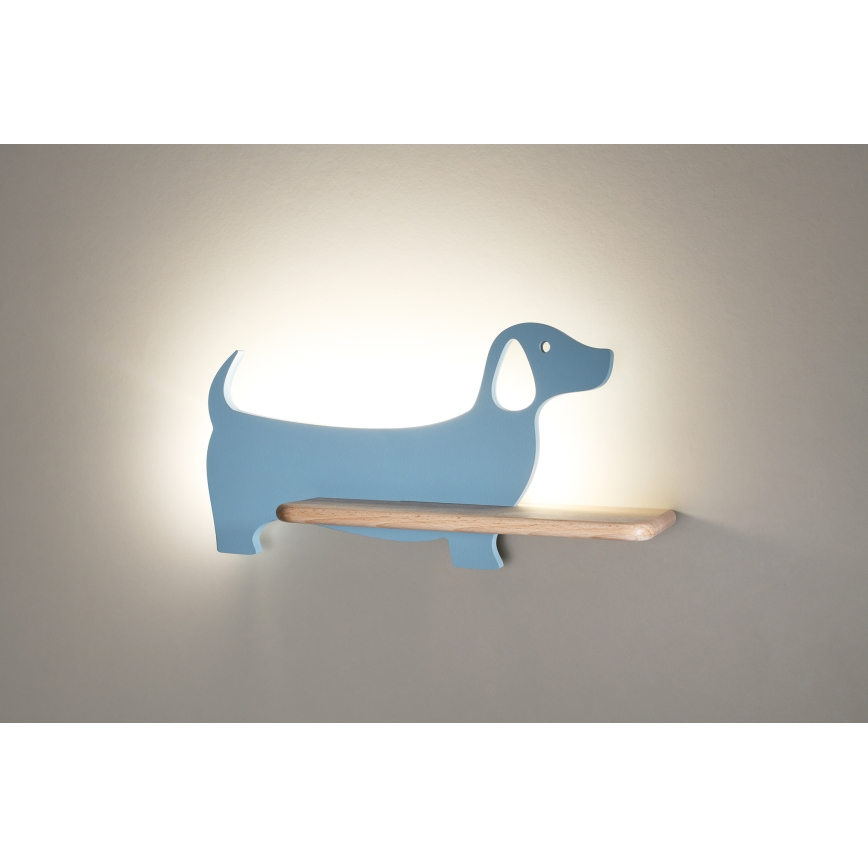 Iluminação de parede de criança LED com uma prateleira DOG LED/5W/230V azul/madeira