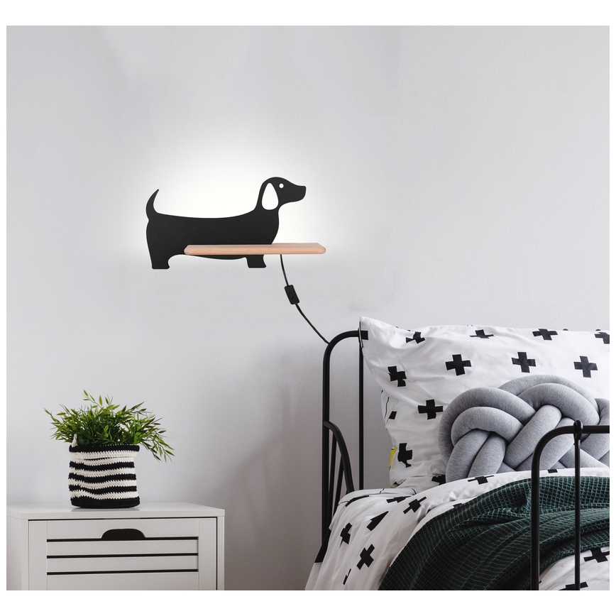 Iluminação de parede de criança LED com uma prateleira DOG LED/5W/230V preto/madeira