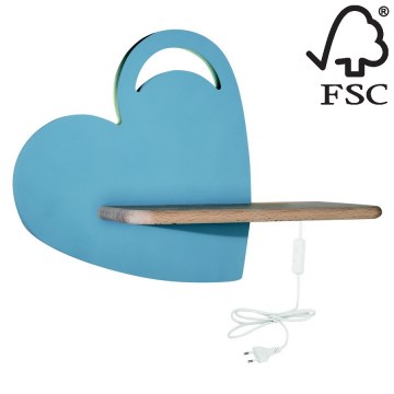 Iluminação de parede de criança LED com uma prateleira HEART LED/5W/230V azul/madeira