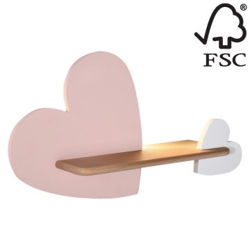 Iluminação de parede de criança LED com uma prateleira HEART LED/5W/230V rosa/branco/madeira