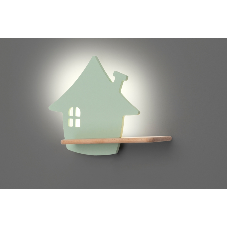 Iluminação de parede de criança LED com uma prateleira HOUSE LED/4W/230V verde/madeira