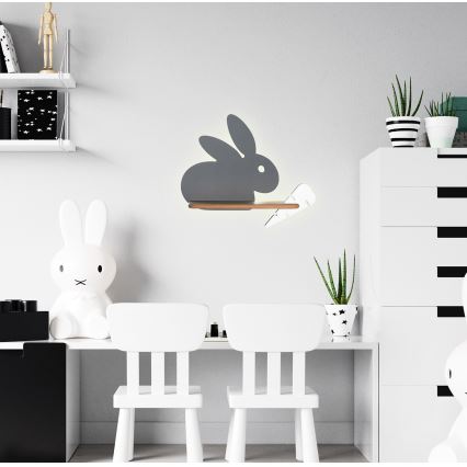 Iluminação de parede de criança LED com uma prateleira RABBIT LED/4W/230V cinzento/branco/madeira