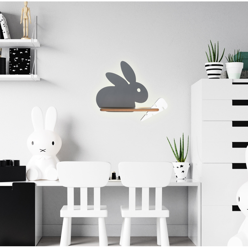 Iluminação de parede de criança LED com uma prateleira RABBIT LED/4W/230V cinzento/branco/madeira