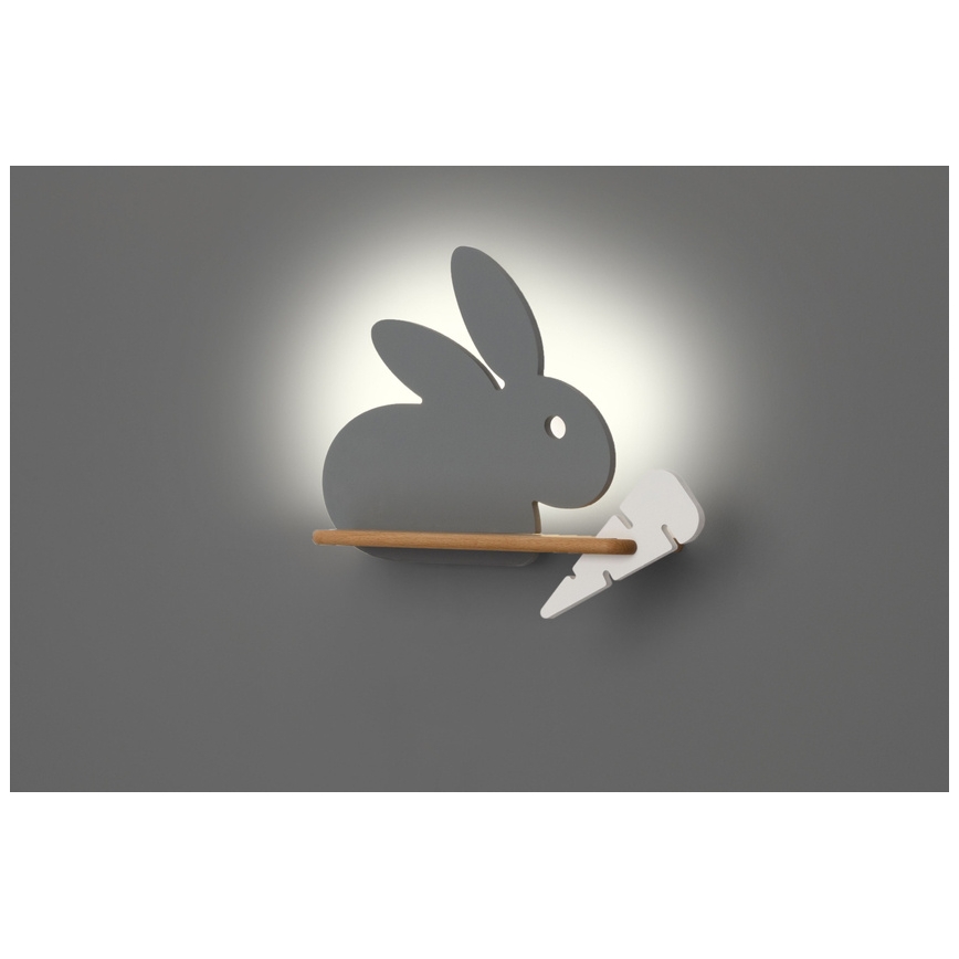 Iluminação de parede de criança LED com uma prateleira RABBIT LED/4W/230V cinzento/branco/madeira