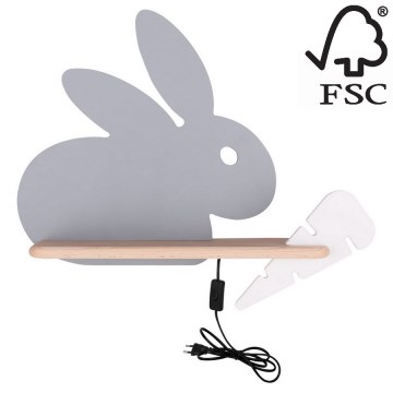 Iluminação de parede de criança LED com uma prateleira RABBIT LED/4W/230V cinzento/branco/madeira