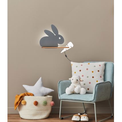 Iluminação de parede de criança LED com uma prateleira RABBIT LED/4W/230V cinzento/branco/madeira