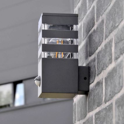 Iluminação de parede exterior com sensor TEKSAS 1xE27/12W/230V IP44 antracite