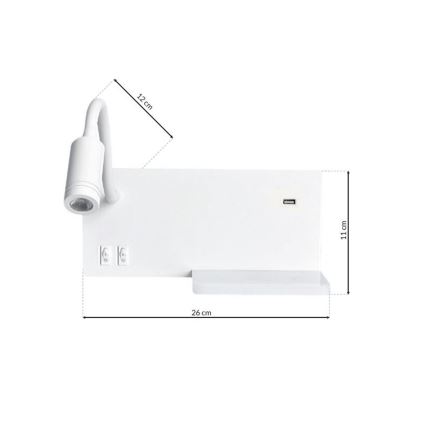 Iluminação de parede LED SHELF 1xLED/4W+1xLED/5W+1xLED/2W/230V + entrada USB Branca