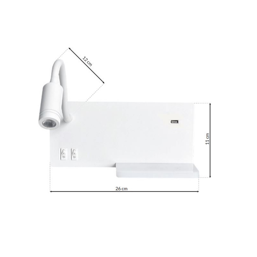 Iluminação de parede LED SHELF 1xLED/4W+1xLED/5W+1xLED/2W/230V + entrada USB Branca
