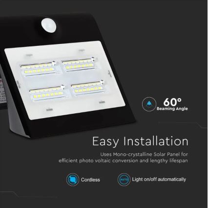 Iluminação de parede solar LED com sensor LED/3W/3,7V 3000/4000K IP65 preta