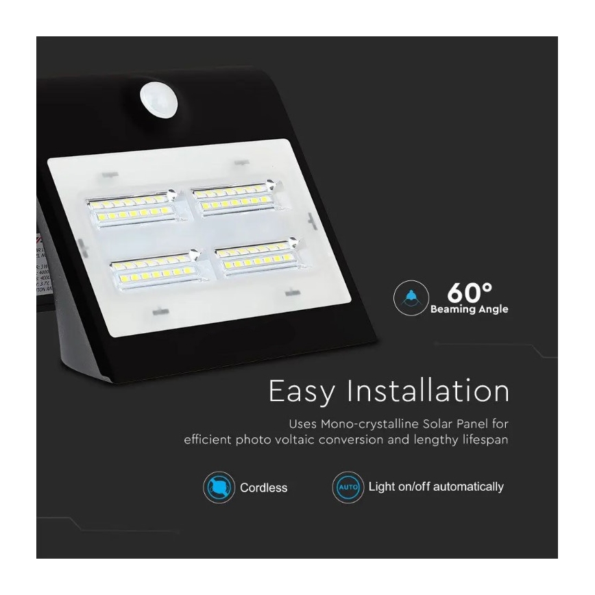 Iluminação de parede solar LED com sensor LED/3W/3,7V 3000/4000K IP65 preta