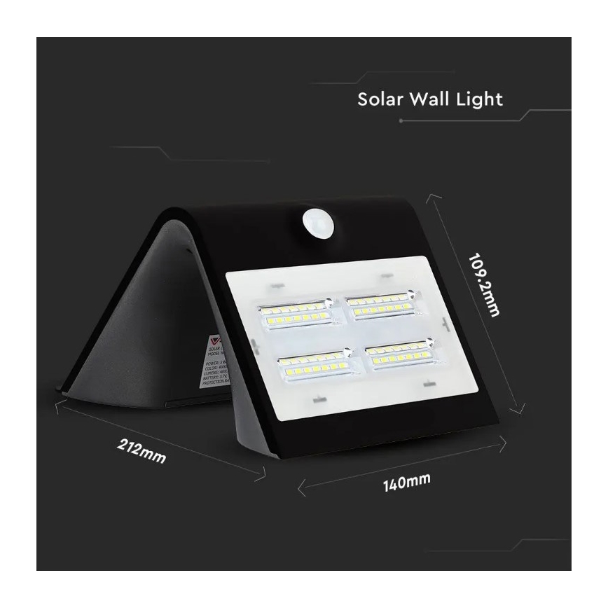 Iluminação de parede solar LED com sensor LED/3W/3,7V 3000/4000K IP65 preta