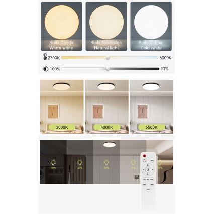 Iluminação de teto LED com regulação LED/40W/230V 3000-6500K diâmetro 40 cm branco + comando