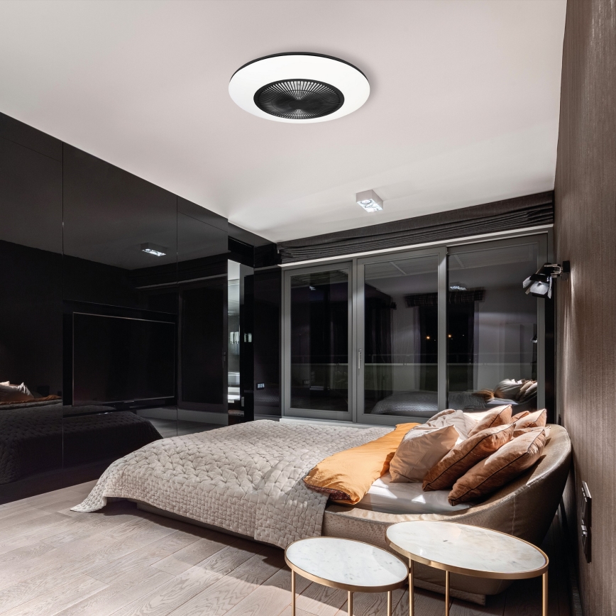 Iluminação de teto LED regulável com ventoinha ARIA LED/38W/230V preto/branco + controlo remoto