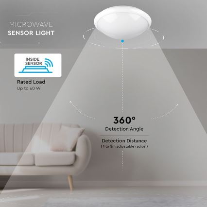 Iluminação de teto para casa de banho com sensor 1xE27/60W/230V IP44 ø 29,6 cm